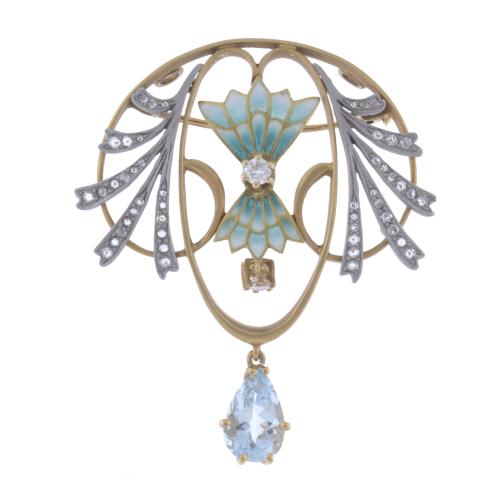 287-MODERNIST BROOCH WITH ENAMEL, DIAMONDS AND AQUAMARINE.