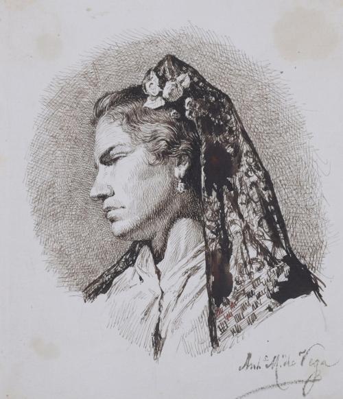 954-ANTONIO M. VEGA, SIGLO XIX. "MUJER CON MANTILLA".