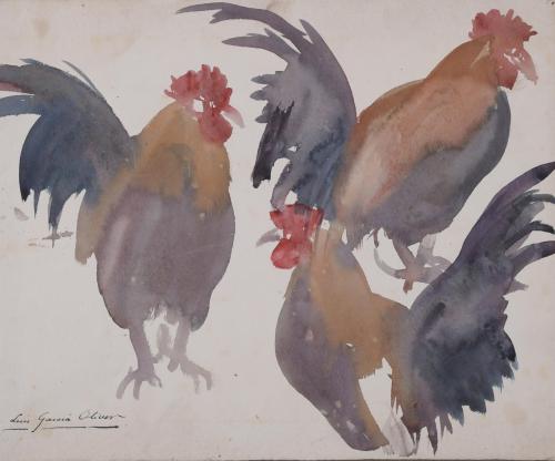 865-LUIS GARCIA OLIVER (1907-1977).  "ROOSTERS".