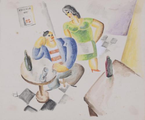 899-ANTONI ROCA MARISTANY (1895-1977).  "CHARACTERS IN FRONT OF A BAR TABLE".