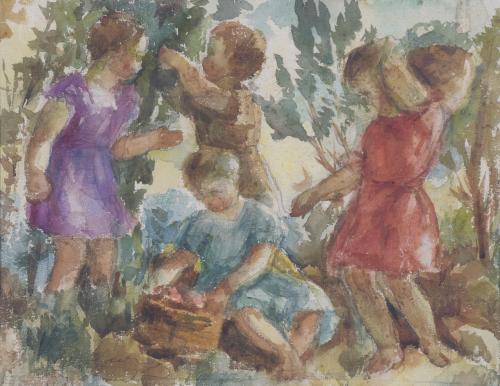 JUAN BAUTISTA PORCAR RIPOLLÉS (1888-1974) "NIÑOS RECOGIENDO FRUTA".