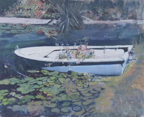 676-20TH CENTURY SPANISH SCHOOL. "BOAT WITH FLOWERS", 1980.