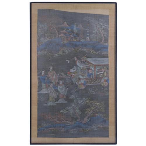 294-20TH CENTURY CHINESE SCHOOL. ORIENTAL-LIKE SCENE ON BAMBOO MAT.