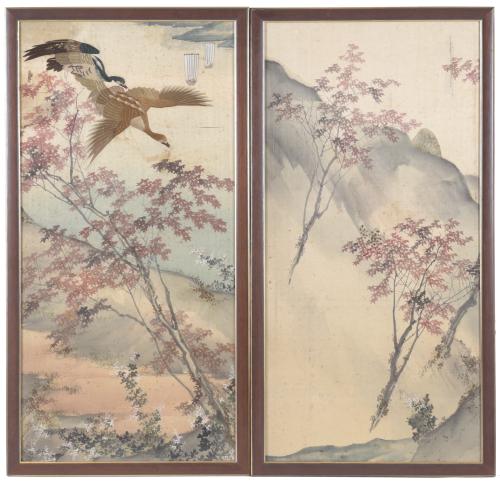 20TH CENTURY, JAPANESE SCHOOL. PAIR OF LANDSCAPES WITH GEES