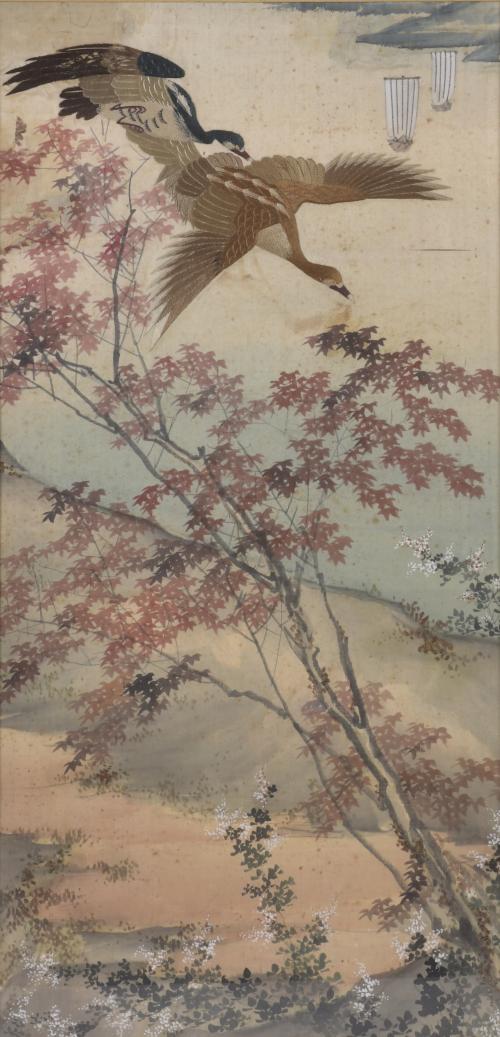 20TH CENTURY, JAPANESE SCHOOL. PAIR OF LANDSCAPES WITH GEES