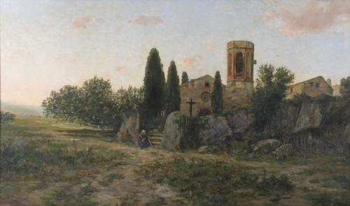 ESCUELA CATALANA, SIGLO XIX-XX. "PAISAJE CON IGLESIA Y FIGURA".