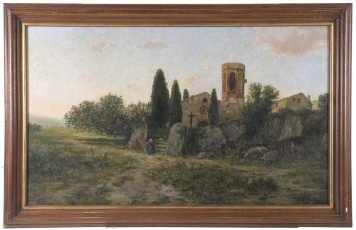 19TH-20TH CENTURY CATALAN SCHOOL. "LANDSCAPE WITH A CHURCH 