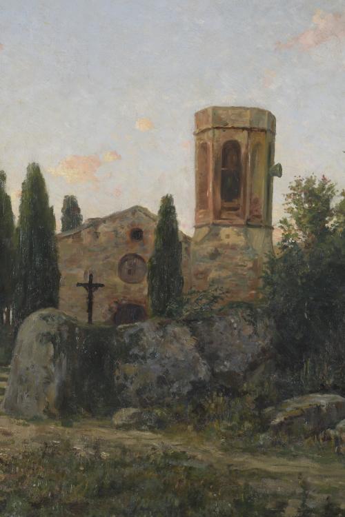 19TH-20TH CENTURY CATALAN SCHOOL. "LANDSCAPE WITH A CHURCH 