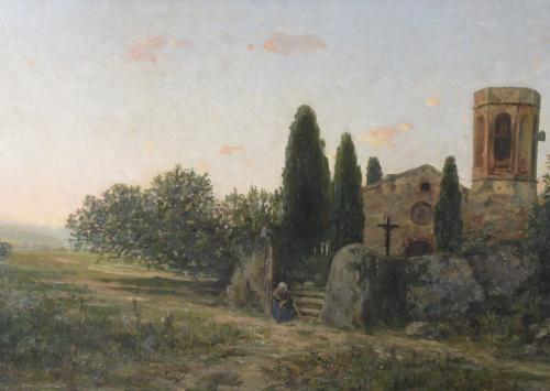 19TH-20TH CENTURY CATALAN SCHOOL. "LANDSCAPE WITH A CHURCH 