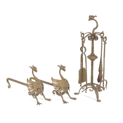 PAIR OF ANDIRONS AND FIREPLACE SET, MODERNIST STYLE, 20TH CENTURY.