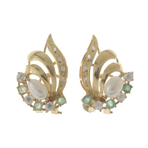 DIAMONDS, EMERALDS AND PEARLS EARRINGS.