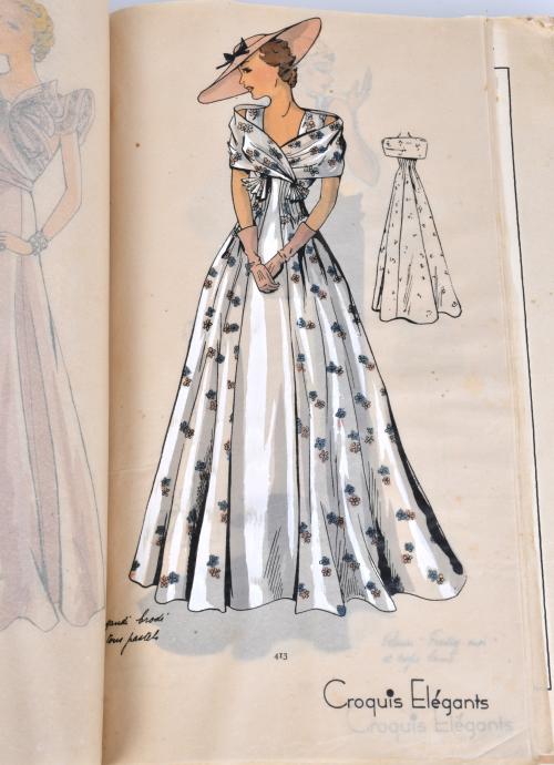 Publication with fashion sketches, circa 1948.