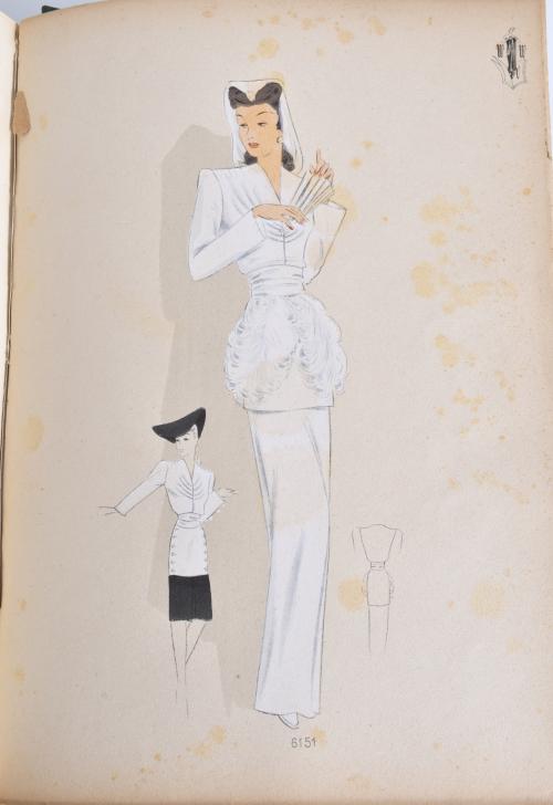 Publication with fashion sketches, circa 1948.