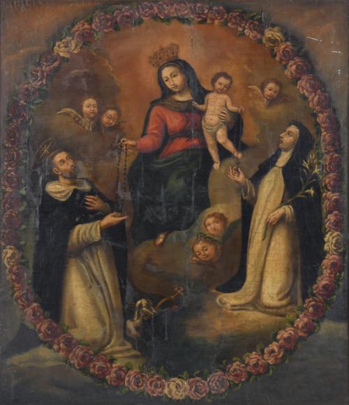 ESCUELA ANDALUZA, SIGLO XVIII. "La Virgen entregando el rosario a Santo Domingo de Guzmán y Santa Catalina de Siena".