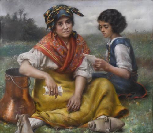 MAXIMINO PEÑA Y MUNOZ (1863-1940).  "Muchachas leyendo una carta".