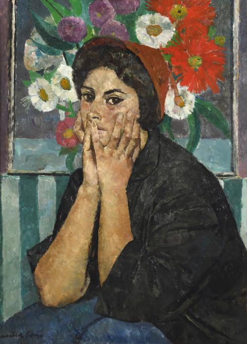 JOSEP MARIA MALLOL SUAZO (1910-1986). "Retrato femenino y flores".