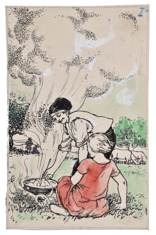 ESCUELA CATALANA, SIGLO XX. "Preparando la comida en el campo".