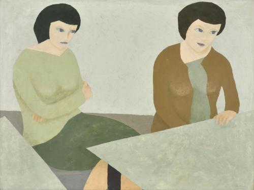 DIONISIO BLANCO ORTEGA (1927-2003).  "Dos jóvenes sentadas frente la mesa".