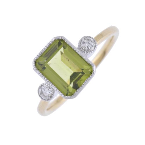 Art Deco style ring with olivine and diamonds.