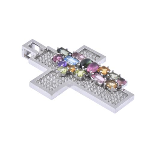 Pendant cross with diamonds and coloured stones.