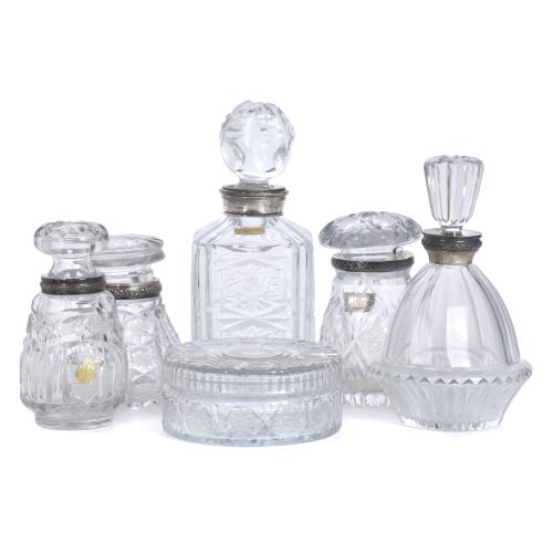 Set of five decanters and an ashtray, 20th century.