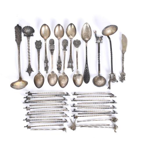 Collection of silver teaspoons and skewers, 20th century.