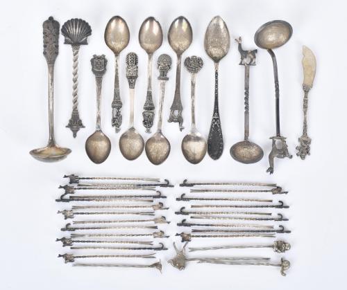 Collection of silver teaspoons and skewers, 20th century.