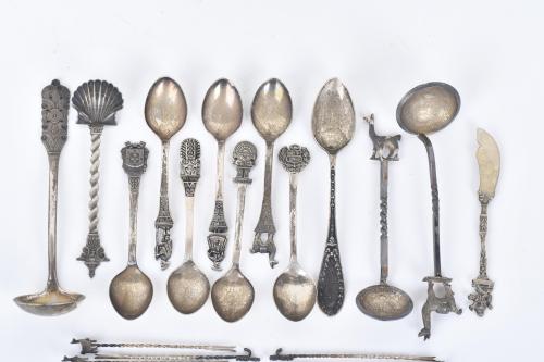 Collection of silver teaspoons and skewers, 20th century.