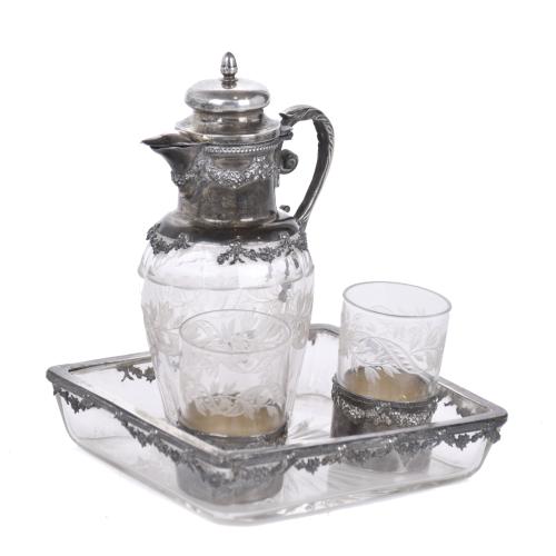 Set comprising a small jug, two small cups and a tray, 20th