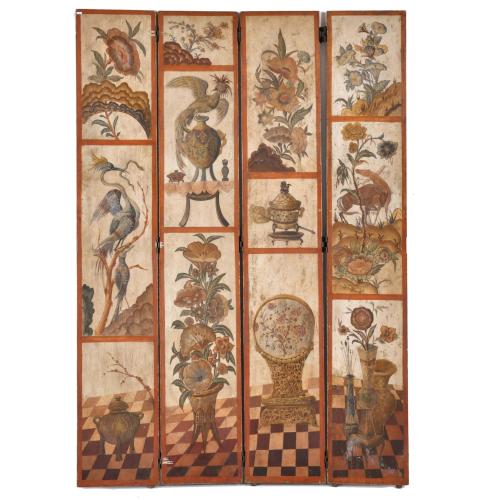 ATTR. TO PIERRE LOTTIER (1916 - 1987).   Polychrome four-leaf folding screen, circa 1960.