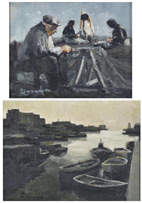 RAMON POVEDA IBARS (1936).  "Zurciendo redes", 1977 y "Marina, puerto de pescadores, Barcelona", 1977.