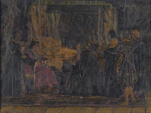 EDUARDO VICENTE (1909-1968).  Copia de "Isabel la Católica dictando su testamento" de Eduardo Rosales. 1930.