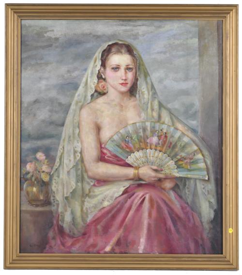 CARMEN OSÉS (1898-1961).  "Joven con abanico y mantilla".