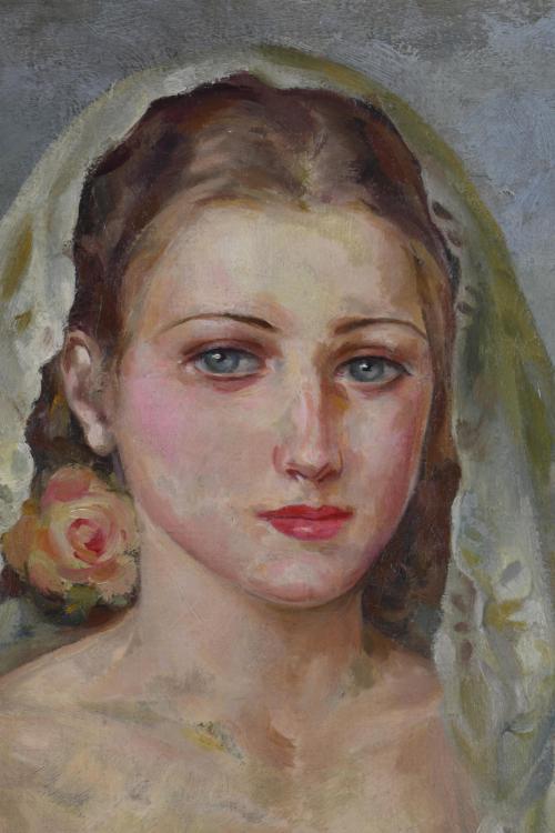 CARMEN OSÉS (1898-1961).  "Joven con abanico y mantilla".